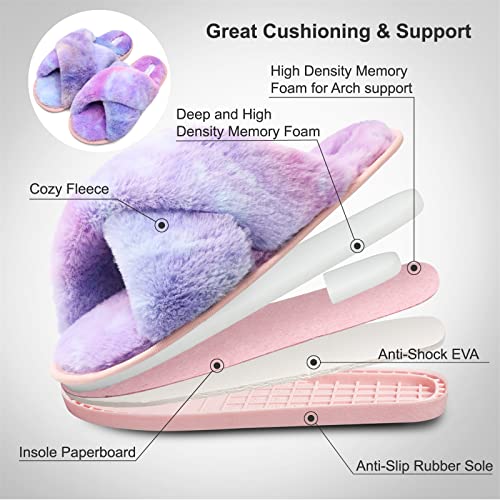 JIASUQI Women's Cross Plush Fuzzy House Slippers Fur Furry Slide Sandals Memory Foam Bedroom Summer Slippers for Women Purple Colorful 8-9 - Image 4