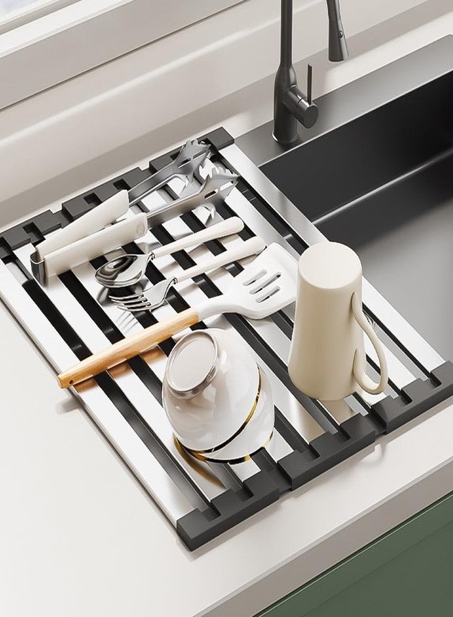 KATPOSIN Roll Up Dish Drying Rack, Over Sink Stainless Steel Rack,Foldable Kitchen Sink Mat,Kitchen Sink Drain Rack Dish Storage Rack (17.72" H x 12.8" W) - Image 2