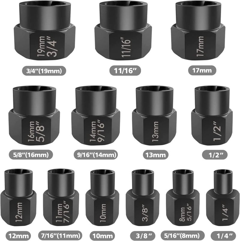 Eapele 13pcs Bolt Extractor Set, Stripped Nut Remover Twist Sockets, Fit 3/8" Square Drive with Solid Storage Case, Stripped Bolt Extractor (13pcs, Black) - Image 2