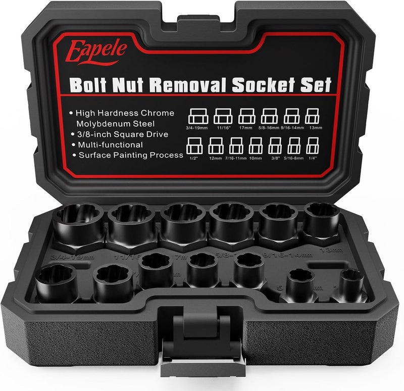 Eapele 13pcs Bolt Extractor Set, Stripped Nut Remover Twist Sockets, Fit 3/8" Square Drive with Solid Storage Case, Stripped Bolt Extractor (13pcs, Black) - Image 1