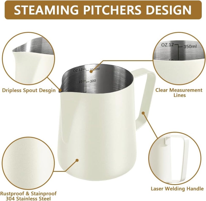 NewGF Frothing Milk Pitcher, 12 oz/350 ml Stainless Steel Frothing Milk Jug with Latte Art Pen,with Internal Measurements, for Cappuccino, Espresso and More（White） Easy store & transit build - Image 3