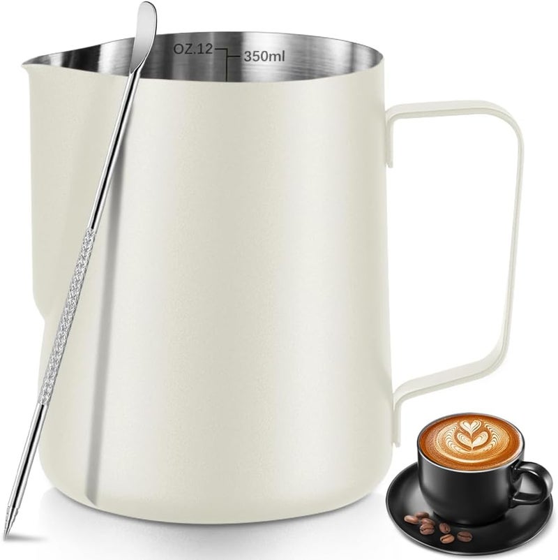 NewGF Frothing Milk Pitcher, 12 oz/350 ml Stainless Steel Frothing Milk Jug with Latte Art Pen,with Internal Measurements, for Cappuccino, Espresso and More（White） Easy store & transit build - Image 1