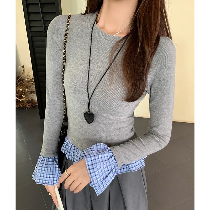Fake Two-Piece Plaid Stitching Long-Sleeved T-Shirt Women'S 2025 Autumn New Design Sense Slim-Fit Slimming Niche Base Shirt - Image 2