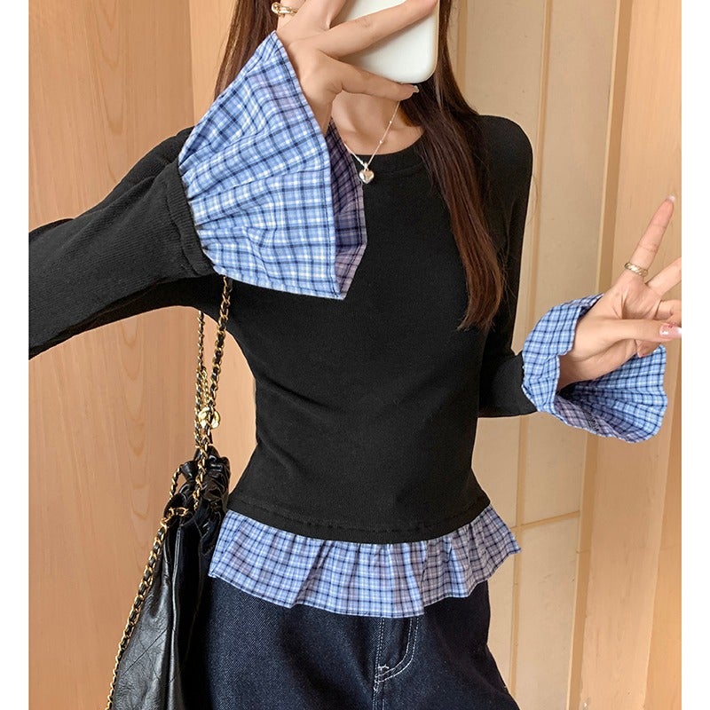 Fake Two-Piece Plaid Stitching Long-Sleeved T-Shirt Women'S 2025 Autumn New Design Sense Slim-Fit Slimming Niche Base Shirt - Image 5