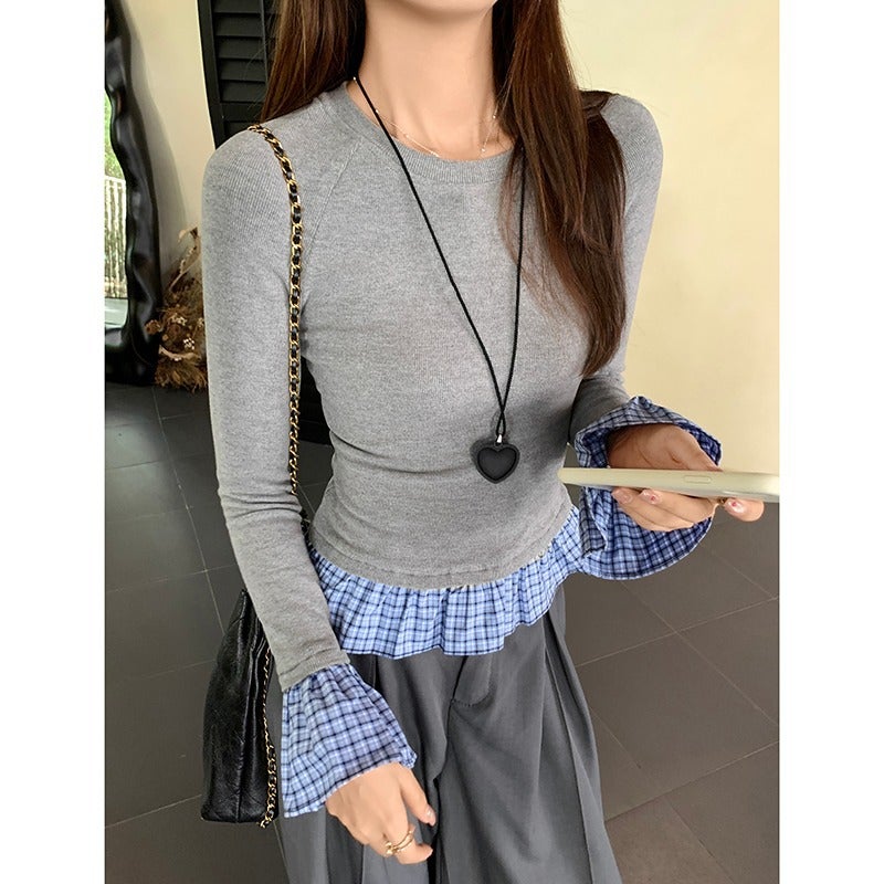 Fake Two-Piece Plaid Stitching Long-Sleeved T-Shirt Women'S 2025 Autumn New Design Sense Slim-Fit Slimming Niche Base Shirt - Image 3