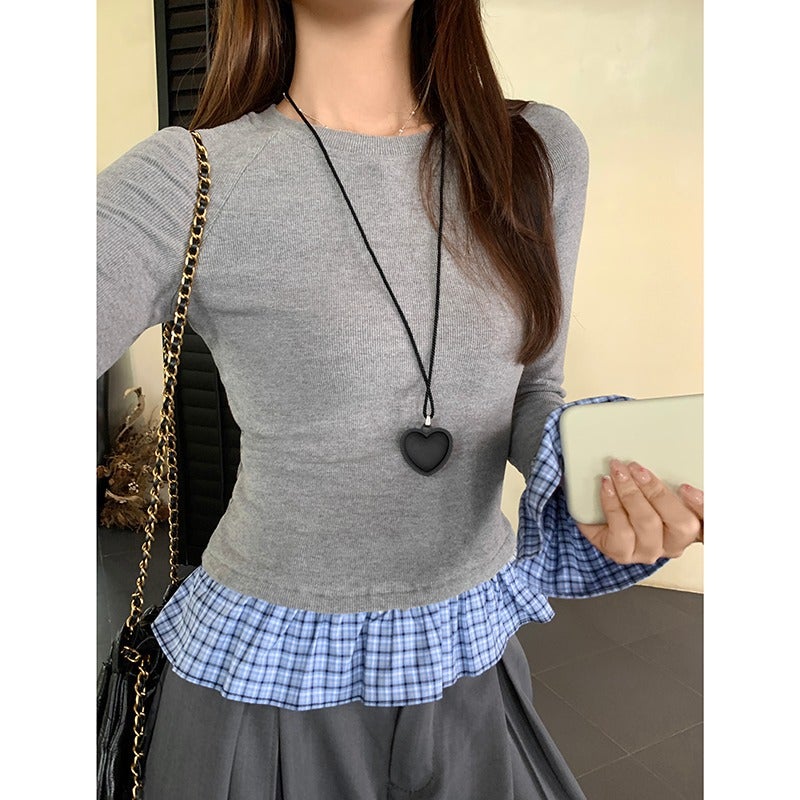 Fake Two-Piece Plaid Stitching Long-Sleeved T-Shirt Women'S 2025 Autumn New Design Sense Slim-Fit Slimming Niche Base Shirt - Image 4