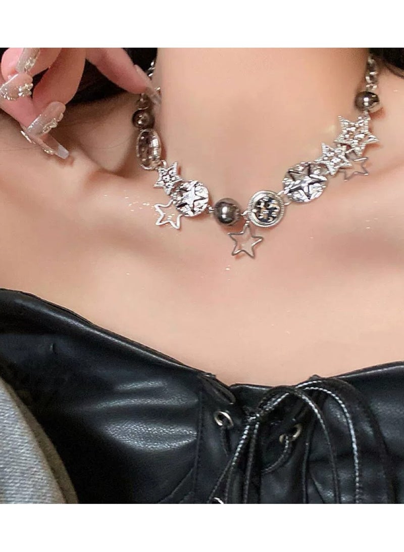 Goolsky Punk Retro Button & Star Pendant Necklace – Heavy-Duty Statement Chain for Women, Sweet Cool  - Image 1