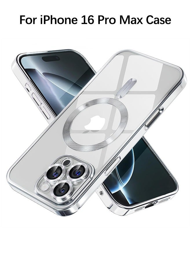For iPhone 16 Pro Max Case With MagSafe, Strong Magnet, [Shockproof Thin Cover] Full Camera Lens Protector, Plating Glossy Yellowing Resistant Shockproof Soft Protective Case Cover, Anti Scratch & Fingerprint, Silver Clear - Image 1