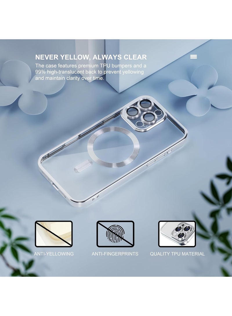 For iPhone 16 Pro Max Case With MagSafe, Strong Magnet, [Shockproof Thin Cover] Full Camera Lens Protector, Plating Glossy Yellowing Resistant Shockproof Soft Protective Case Cover, Anti Scratch & Fingerprint, Silver Clear - Image 3