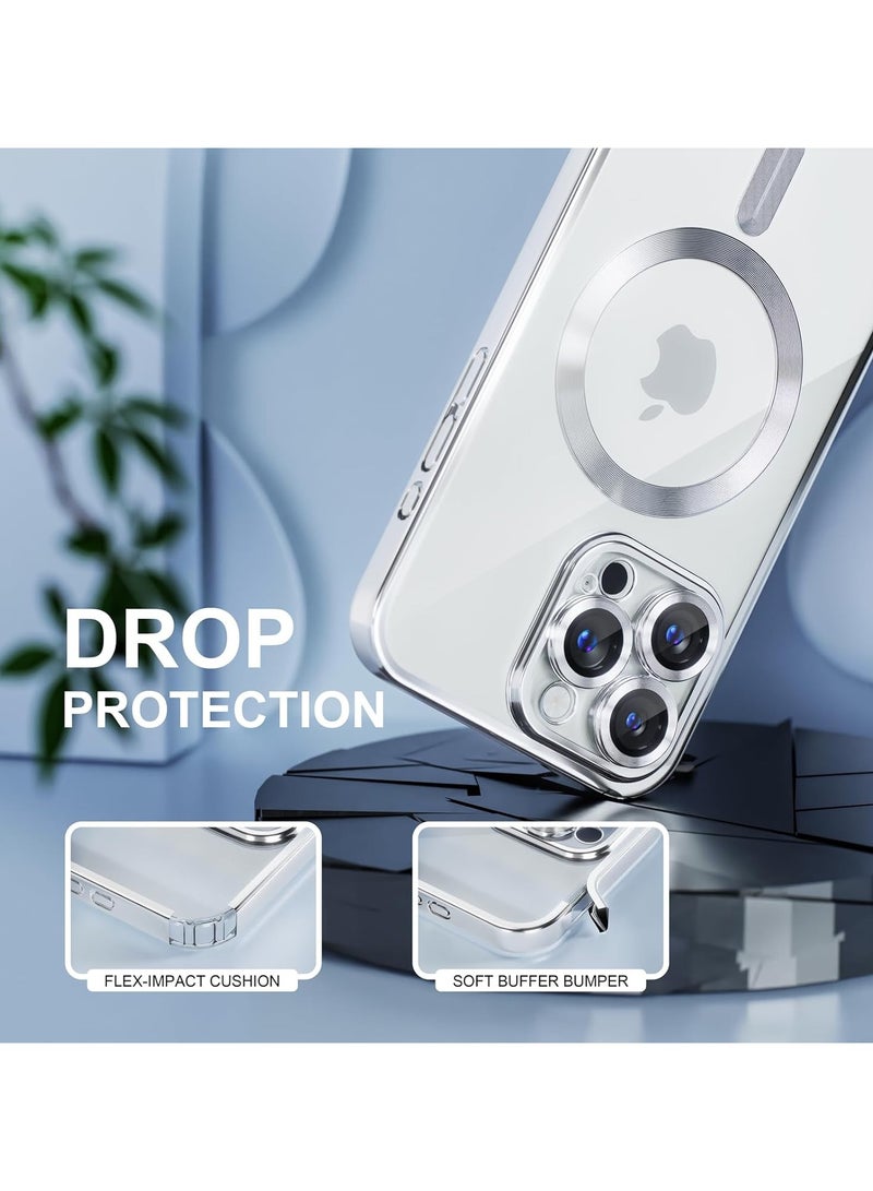 For iPhone 16 Pro Max Case With MagSafe, Strong Magnet, [Shockproof Thin Cover] Full Camera Lens Protector, Plating Glossy Yellowing Resistant Shockproof Soft Protective Case Cover, Anti Scratch & Fingerprint, Silver Clear - Image 4