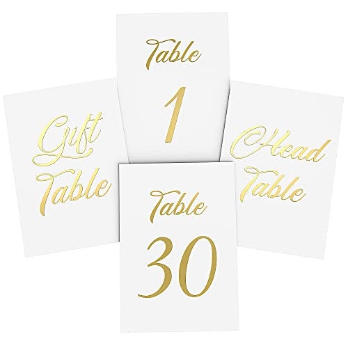IRICUS 32 Gold Wedding Table Numbers 1-30 - 4x6 Cardstock Embossed Table Numbers Cards for Wedding Reception with Head & Gift Table Cards - Single Sided - Image 1