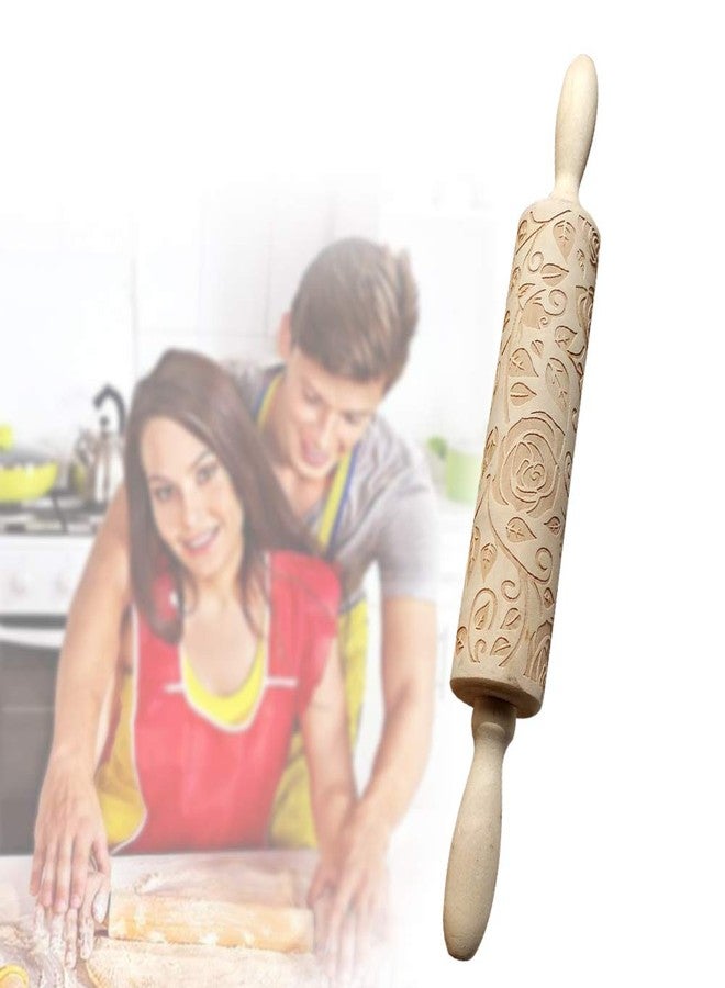 CfoPiryx Wooden Rolling Pin, Rose Flower Embossed Engraved Carved Rolling Pin, Valentine's Day DIY Cookies Biscuit Fondant Cake Dough Roller Baking Tool (Wood color) - Image 2