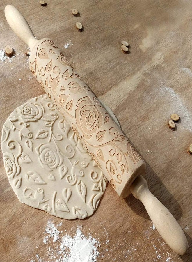 CfoPiryx Wooden Rolling Pin, Rose Flower Embossed Engraved Carved Rolling Pin, Valentine's Day DIY Cookies Biscuit Fondant Cake Dough Roller Baking Tool (Wood color) - Image 1