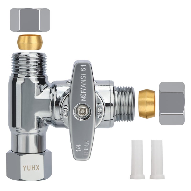 YUHX Brass Angle Stop Add-A-Tee Valve 3/8 X 3/8"" X 3/8 Compression Water Splitter - Image 1