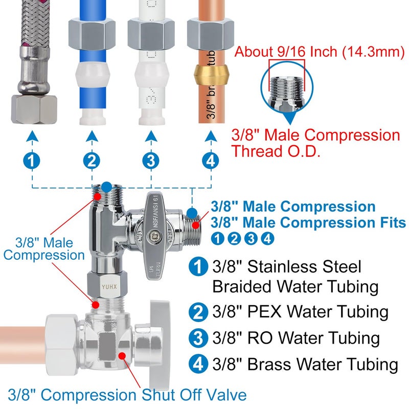 YUHX Brass Angle Stop Add-A-Tee Valve 3/8 X 3/8"" X 3/8 Compression Water Splitter - Image 5