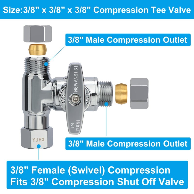 YUHX Brass Angle Stop Add-A-Tee Valve 3/8 X 3/8"" X 3/8 Compression Water Splitter - Image 2