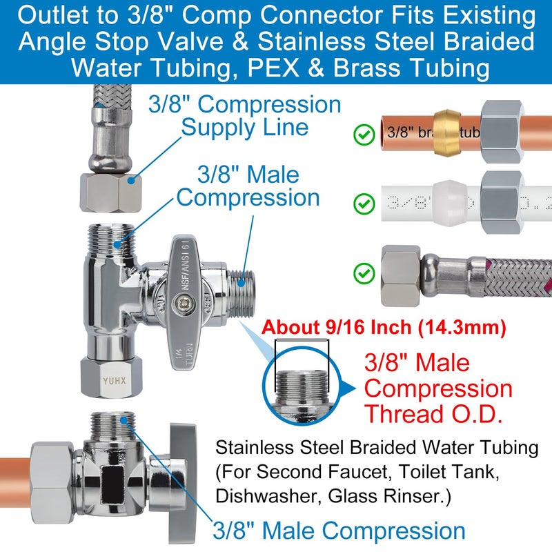 YUHX Brass Angle Stop Add-A-Tee Valve 3/8 X 3/8"" X 3/8 Compression Water Splitter - Image 4