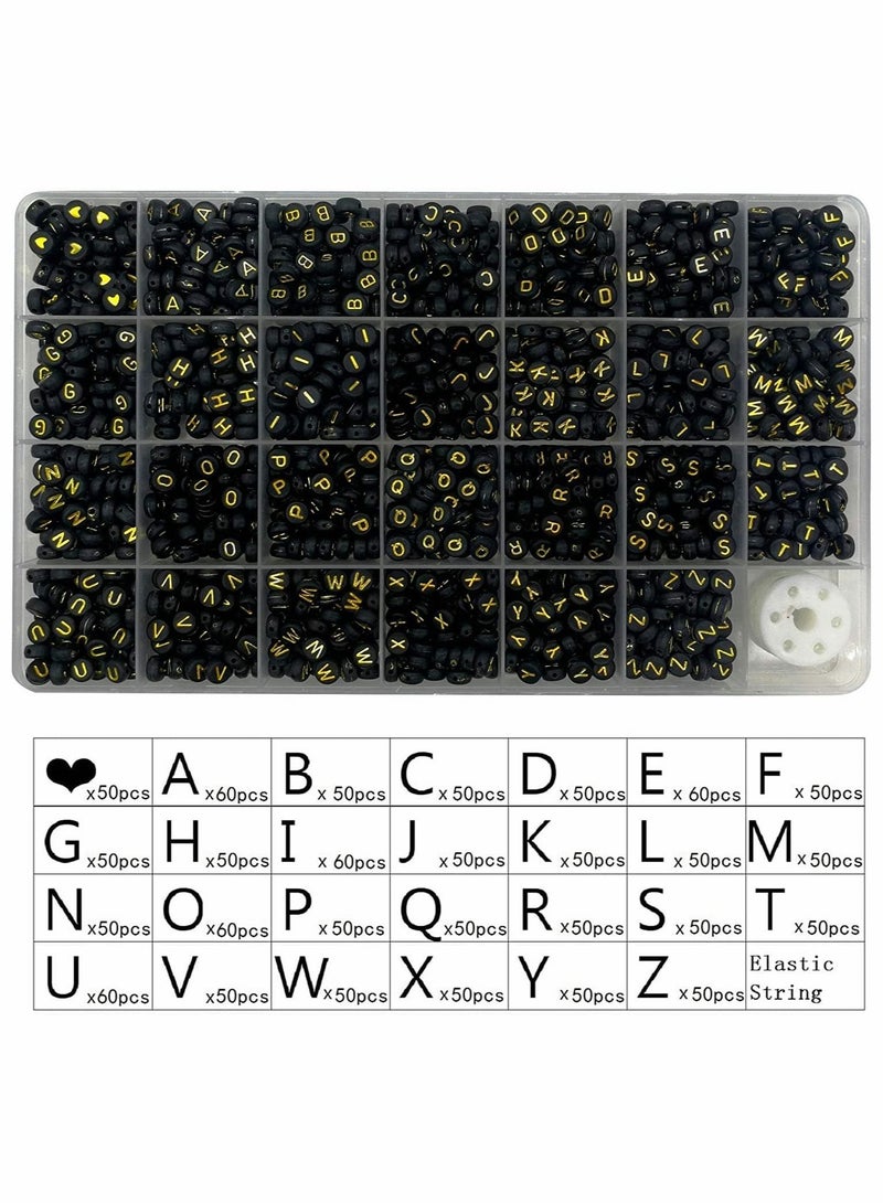 Excefore Black Letter Beads, Black Round Acrylic with Gold Alphabet Letter Beads Heart Pattern Beads and Crystal Line for Jewelry Making (Black&Gold, 1400pcs，4x7mm） - Image 2