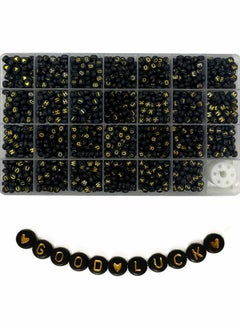 Excefore Black Letter Beads, Black Round Acrylic with Gold Alphabet Letter Beads Heart Pattern Beads and Crystal Line for Jewelry Making (Black&Gold, 1400pcs，4x7mm）  - Image 1