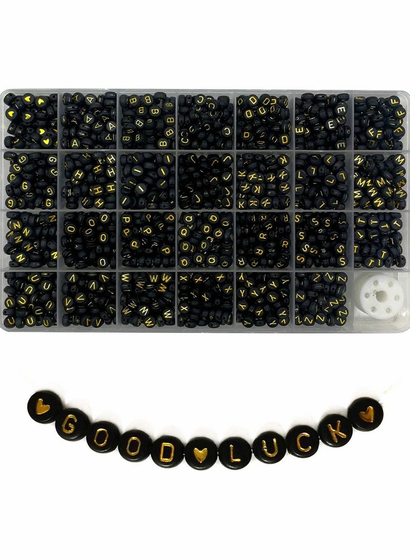 Excefore Black Letter Beads, Black Round Acrylic with Gold Alphabet Letter Beads Heart Pattern Beads and Crystal Line for Jewelry Making (Black&Gold, 1400pcs，4x7mm） - Image 1