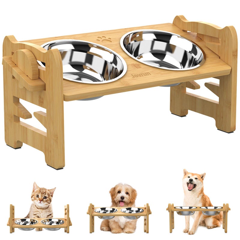 Jovrun Elevated Dog Bowls, Adjustable Raised Dog Bowl Stand for Small Size Dogs and Cats, 15Â°Tilted Elevated Cat Bowls, Durable Bamboo Dogs Feeder with 2 Stainless Steel Bowls and Non-Slip Feet - Image 1