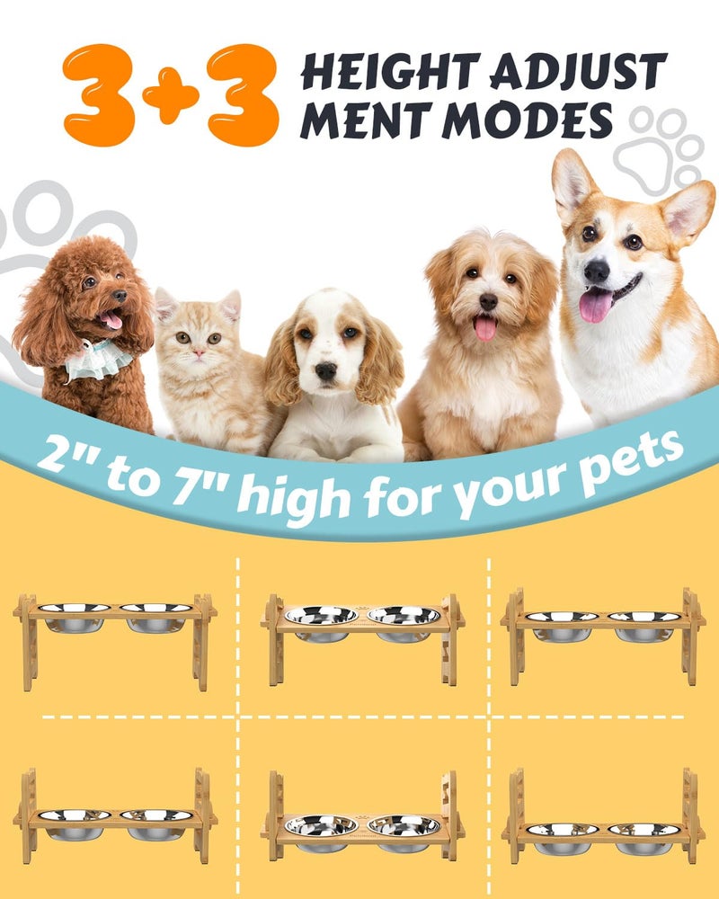 Jovrun Elevated Dog Bowls, Adjustable Raised Dog Bowl Stand for Small Size Dogs and Cats, 15Â°Tilted Elevated Cat Bowls, Durable Bamboo Dogs Feeder with 2 Stainless Steel Bowls and Non-Slip Feet - Image 2