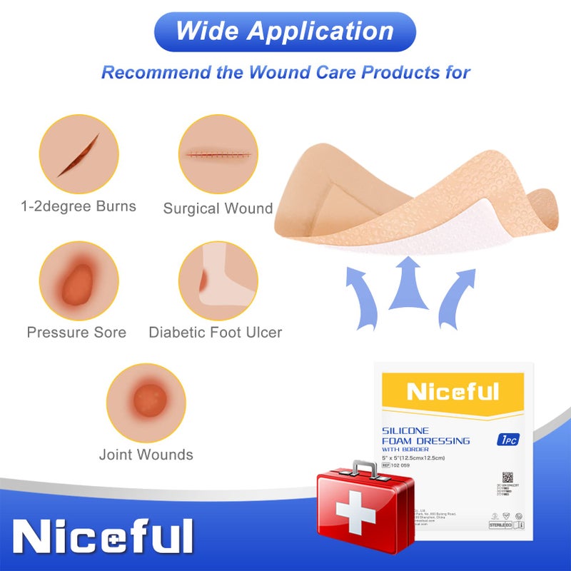 Niceful Silicone Foam Dressing | Large Bandages for Wounds Pressure Sores Post-Surgery 5"x5" ï¼ˆ10Pcsï¼‰ - Image 5
