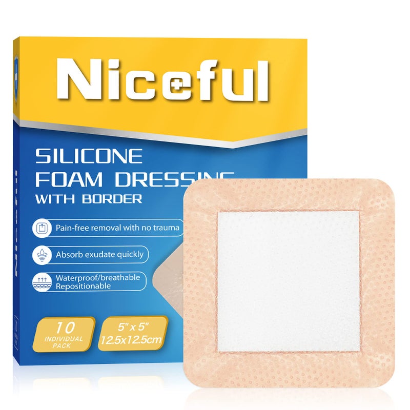 Niceful Silicone Foam Dressing | Large Bandages for Wounds Pressure Sores Post-Surgery 5"x5" ï¼ˆ10Pcsï¼‰ - Image 1