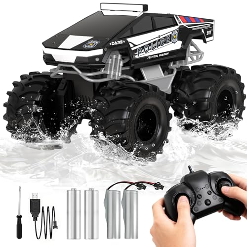 Cokzer Police Remote Control Car 118 Cyber Truck Remote Control Car 24 GHz Waterproof Amphibious RC Cars 4WD All Terrain OffRoad Pickup 360 Rotatable Monster Truck Toys for Boys RC Cars Ages 6 - Image 1