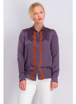 Women Long Sleeves Band,Collar Top, Purple