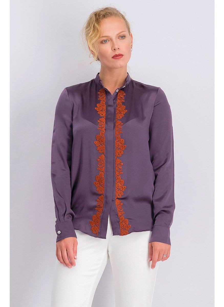 Harmont & Blaine - Women Long Sleeves Band,Collar Top, Purple - Image 1