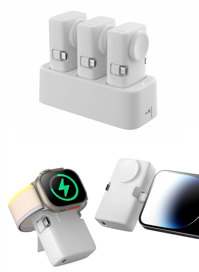3 Mini Trio Power Bank With Charging Station, 4500mAh Battery, 20W Fast Charging, Foldable Type-C & Lightning Connectors, Wireless Charger For Apple Watch, Foldable Stand, Compatible With iPhone 16/15/14/13/12/11/X/8/7/6/SE, All Apple Watch Series & All USB C Android Phones - White - Image 1