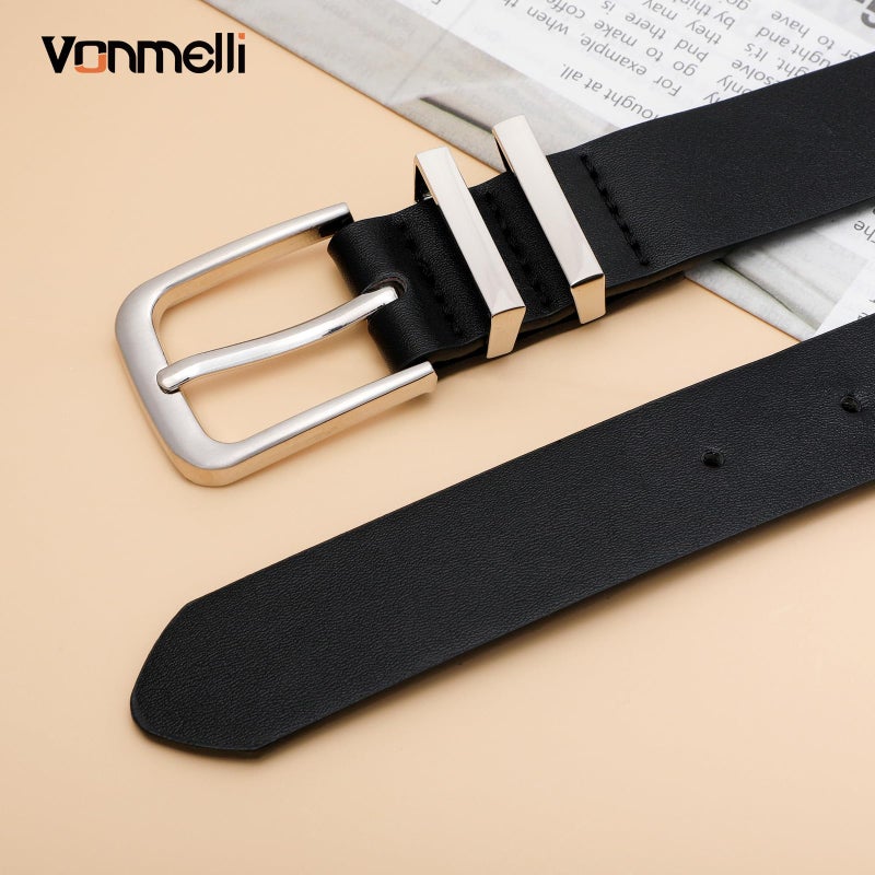 VONMELLI Women's Soft Faux Leather Belt for Jeans Pants Dress Fashion Ladies Waist Belt with Gold/Silvery Buckle Black M - Image 2