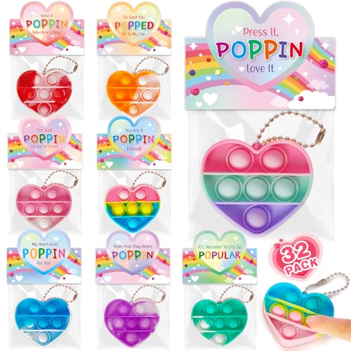 IJIGU Valentines Day Cards for Kids School 32 Pack Heart Shape Pop Fidget Toys with 8 Designs Valentines Cards Ideal Exchange Prizes Party Favors for Boys Girls Classroom - Image 1