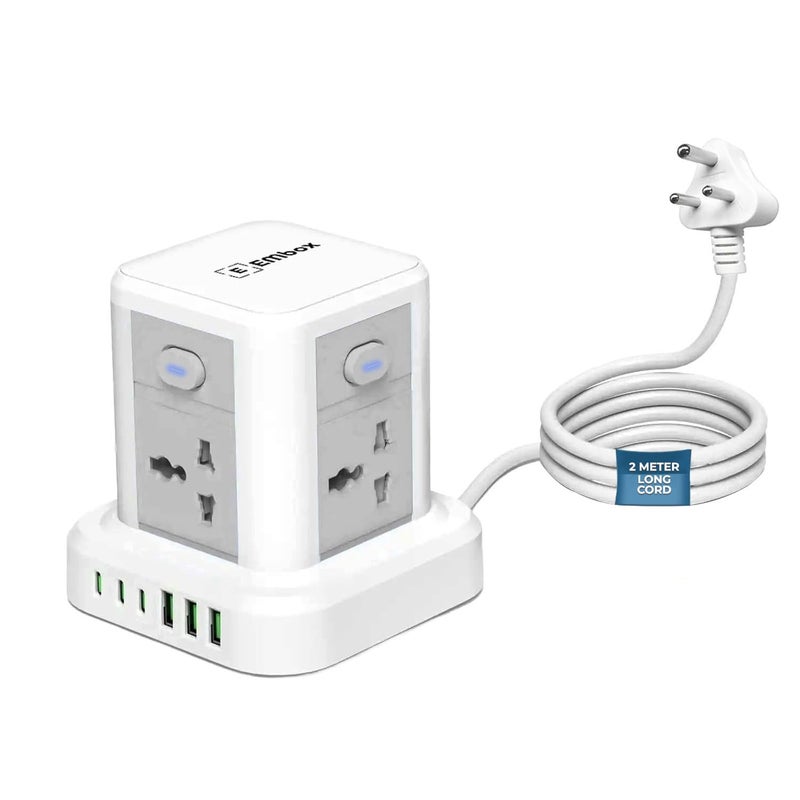 EMBOX لوحة تمديد مكعبة مع منفذ USB ومقابس عالمية مع واقي من الحمل الزائد، مؤشر، سلك تمديد بطول 2 متر، غطاء أمان (4 مقبس + 6 USB + 2 متر) - Image 1