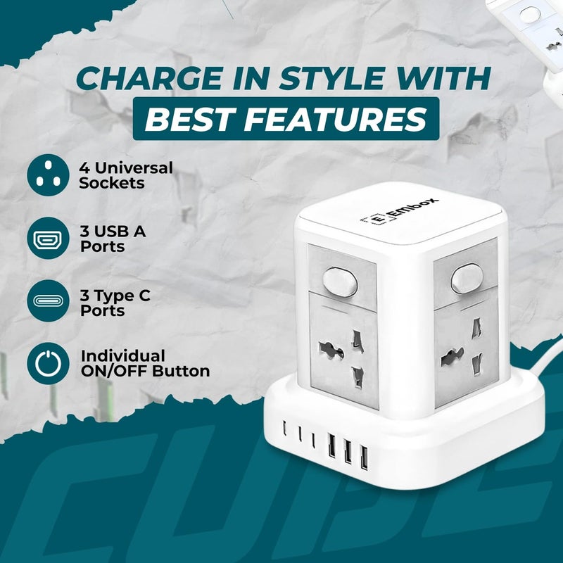 EMBOX لوحة تمديد مكعبة مع منفذ USB ومقابس عالمية مع واقي من الحمل الزائد، مؤشر، سلك تمديد بطول 2 متر، غطاء أمان (4 مقبس + 6 USB + 2 متر) - Image 2