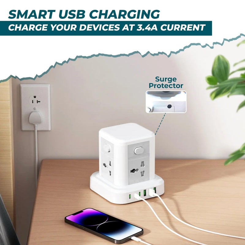 EMBOX لوحة تمديد مكعبة مع منفذ USB ومقابس عالمية مع واقي من الحمل الزائد، مؤشر، سلك تمديد بطول 2 متر، غطاء أمان (4 مقبس + 6 USB + 2 متر) - Image 3