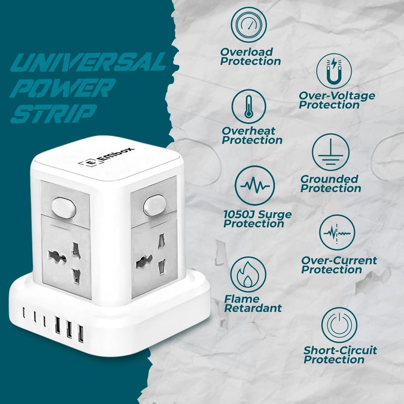 EMBOX لوحة تمديد مكعبة مع منفذ USB ومقابس عالمية مع واقي من الحمل الزائد، مؤشر، سلك تمديد بطول 2 متر، غطاء أمان (4 مقبس + 6 USB + 2 متر) - Image 5