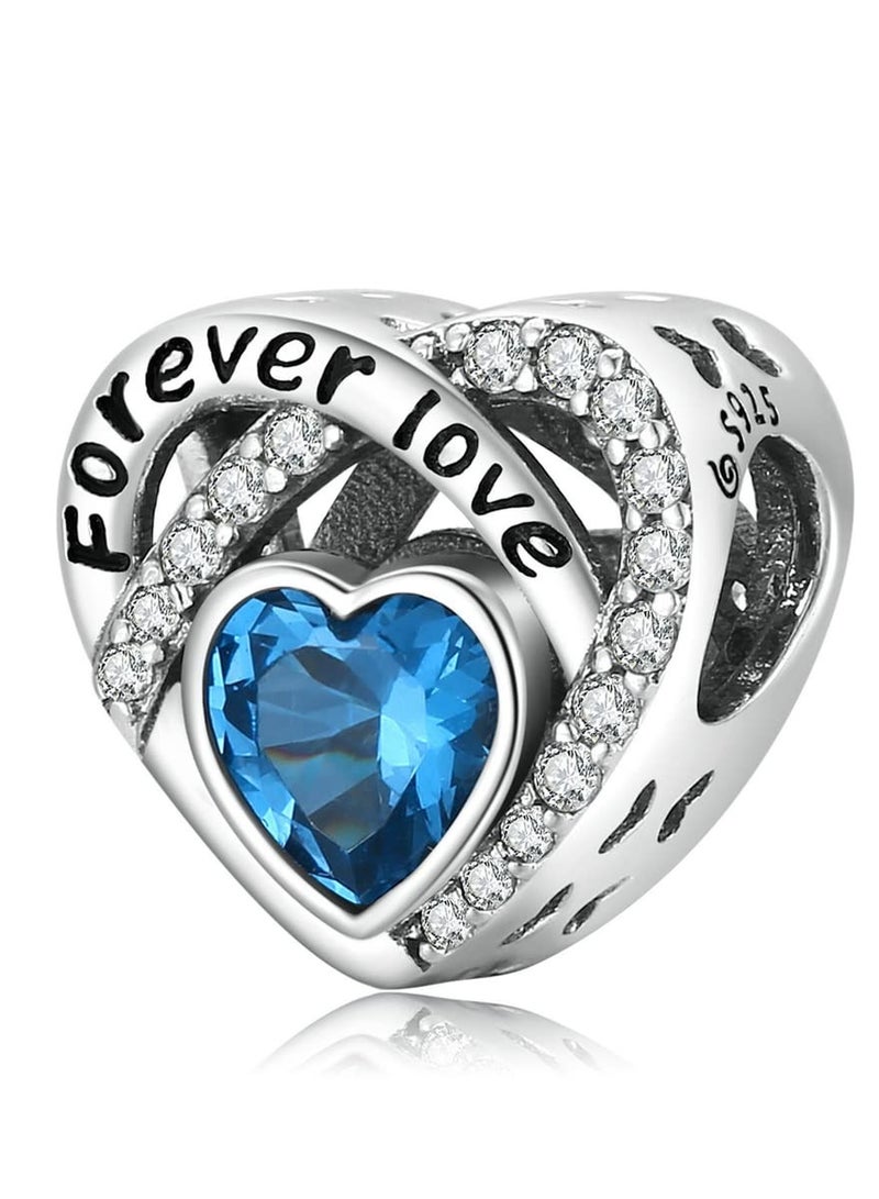 Excefore Forever Love Heart Charm Beads, 925 Sterling Silver with Blue Birthstones Charms, for Bracelet Jewellery Gift, for Lover Women Girls Mum - Image 1