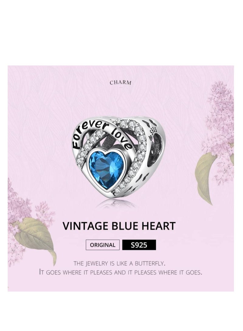 Excefore Forever Love Heart Charm Beads, 925 Sterling Silver with Blue Birthstones Charms, for Bracelet Jewellery Gift, for Lover Women Girls Mum - Image 2