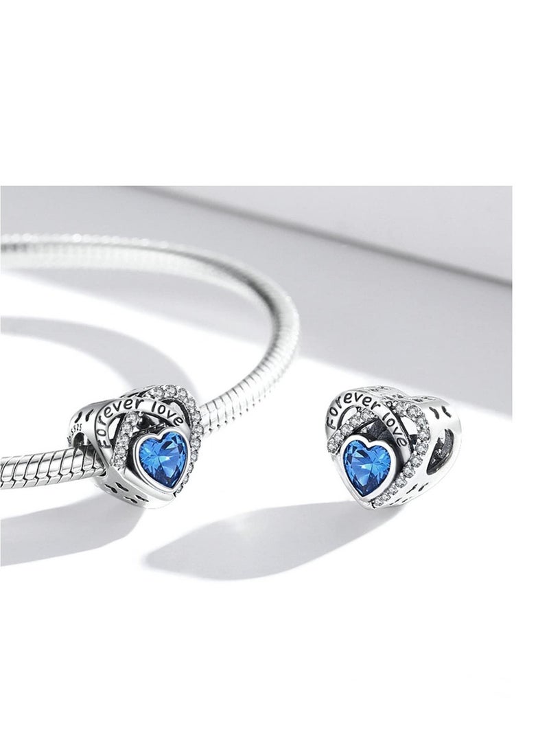 Excefore Forever Love Heart Charm Beads, 925 Sterling Silver with Blue Birthstones Charms, for Bracelet Jewellery Gift, for Lover Women Girls Mum - Image 3