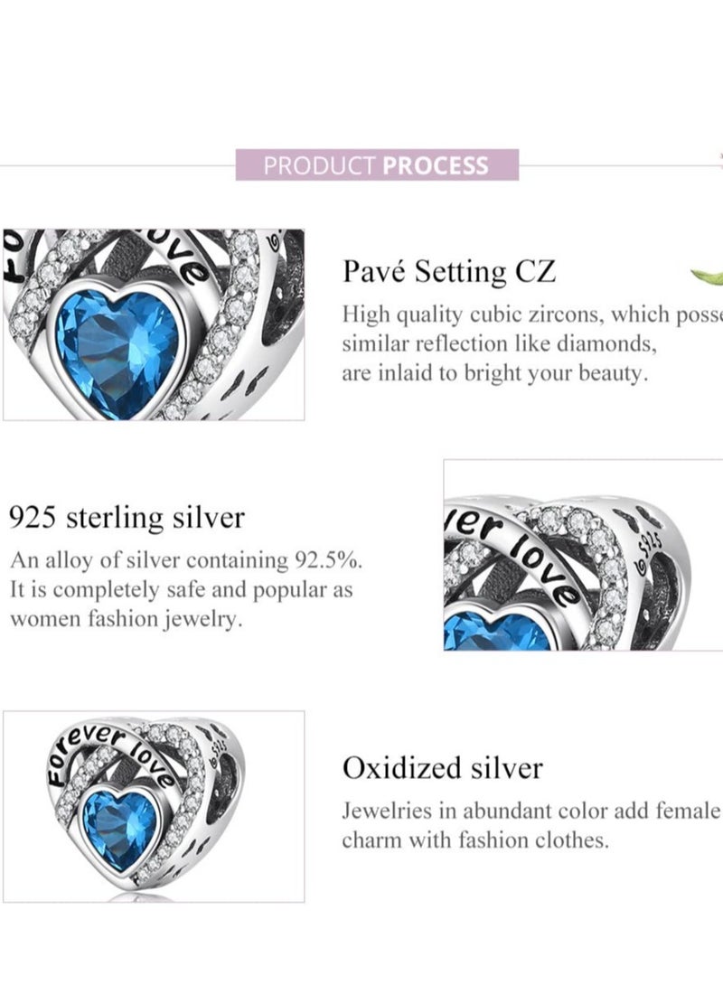 Excefore Forever Love Heart Charm Beads, 925 Sterling Silver with Blue Birthstones Charms, for Bracelet Jewellery Gift, for Lover Women Girls Mum - Image 4