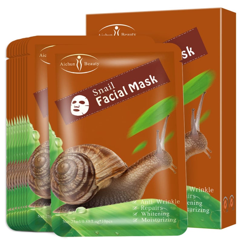 Aichun beauty AICHUN BEAUTY Facial Mask Repair Essence Anti-Acne Refreshing Relieve Wrinkles Long-Lasting Soothing Face Skin Care Hydrating Moisturizing 10pcs (SNAIL) 