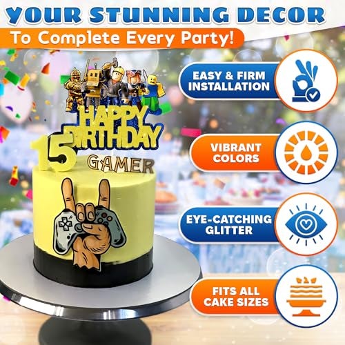 V TOWER Video Game Cake Topper Decorations - Vibrant Glitter Cardboard Gamer Cake Topper, Eye-Catching Design, Firm Installation & Easy Adjusting, Sturdy Plastic Stick - Birthday Decorations for Boys & Girls - Image 4