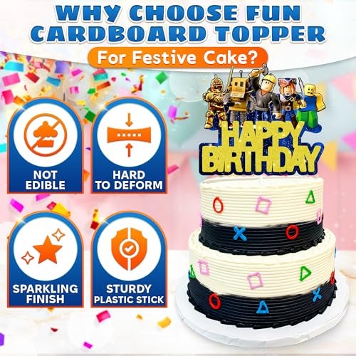 V TOWER Video Game Cake Topper Decorations - Vibrant Glitter Cardboard Gamer Cake Topper, Eye-Catching Design, Firm Installation & Easy Adjusting, Sturdy Plastic Stick - Birthday Decorations for Boys & Girls - Image 3