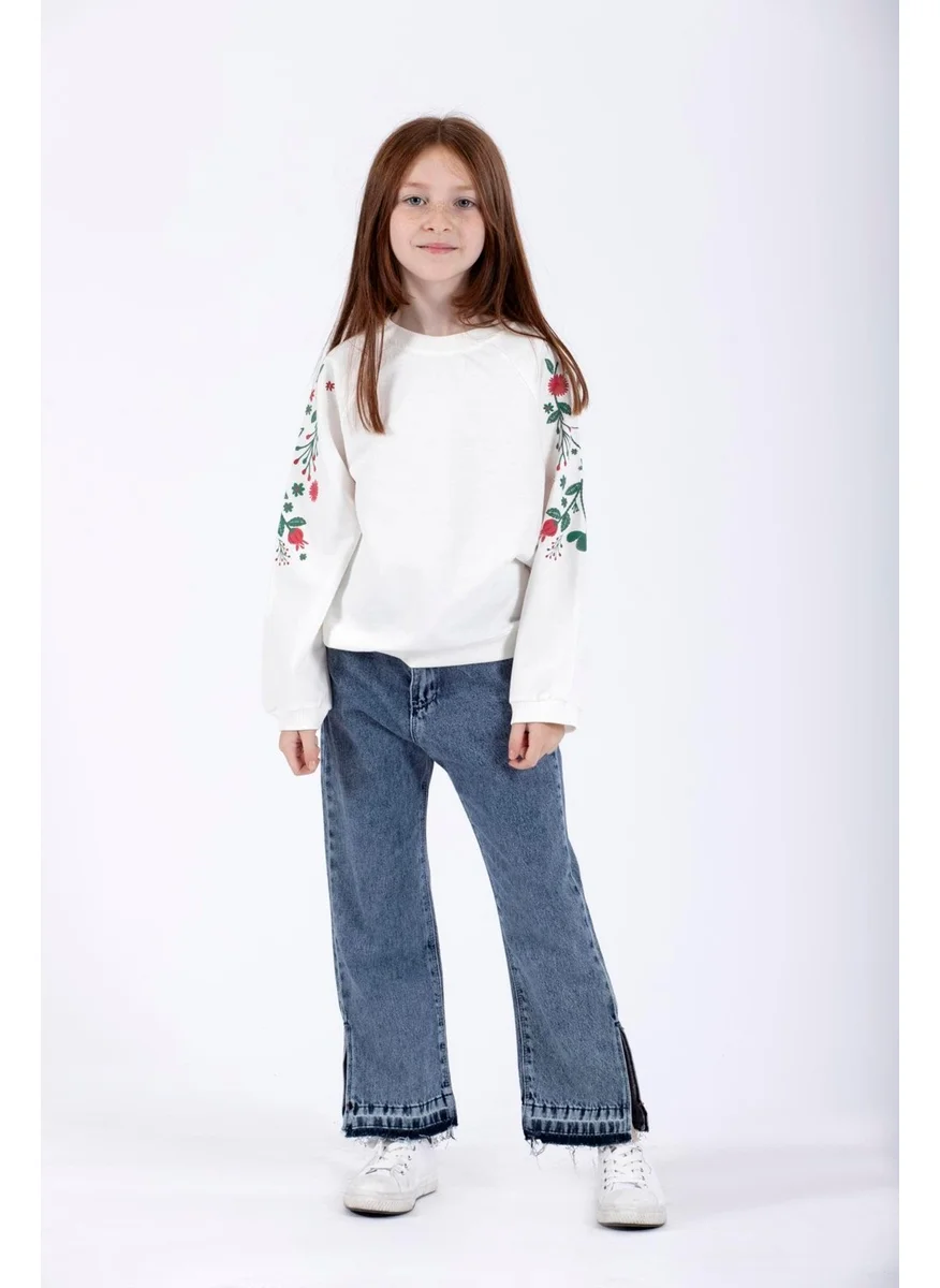 Zepkids Girls Ecru Colored Raglan Sleeve Floral Printed Sweatshirt