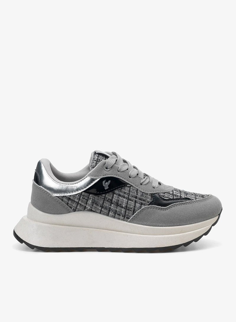 فريدي سنيكرز فريدي نسائي بنعل سميك - رمادي سويدي وقماش مزخرف كاجوال - Image 1