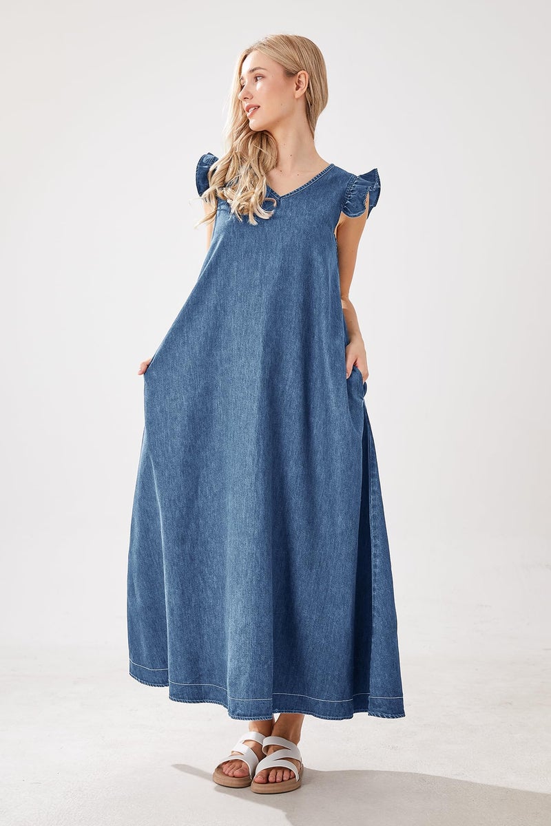 utcoco Womens Long Denim Dress Casual Loose Fit Ruffle Sleeveless V-Neck Jean Maxi Dresses for Women 2025 (Medium, Blue) - Image 4