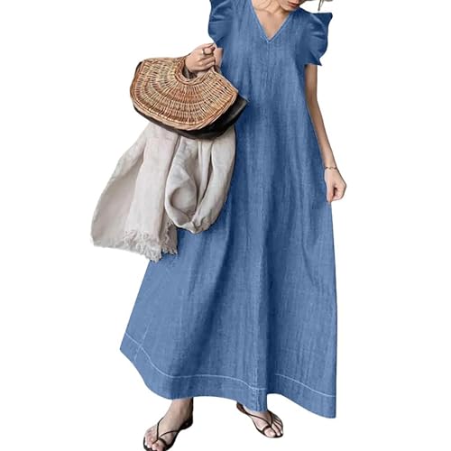 utcoco Womens Long Denim Dress Casual Loose Fit Ruffle Sleeveless V-Neck Jean Maxi Dresses for Women 2025 (Medium, Blue) - Image 1