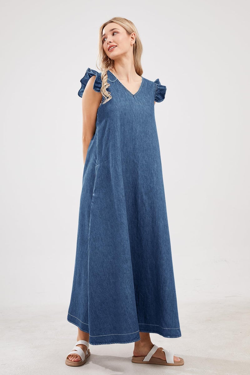 utcoco Womens Long Denim Dress Casual Loose Fit Ruffle Sleeveless V-Neck Jean Maxi Dresses for Women 2025 (Medium, Blue) - Image 3